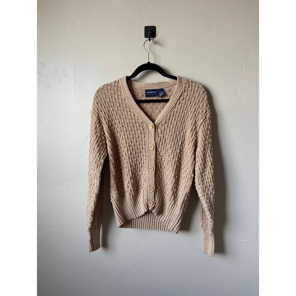 Liz Claiborne Lizsport 100% Cotton Tan Textured Stitch Button Up Cardigan- Sz L - Picture 2 of 5